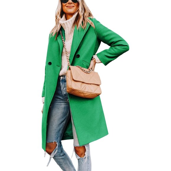 Women's Green Winter Wool Coat Casual Notch Lapel Single-Breasted Peacoat - Picture 1 of 8